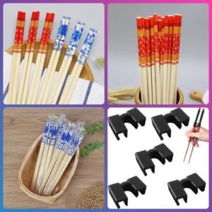 20 Pieces Reusable Chinese Wooden Chopsticks, 2 Pairs of Chopsticks Helper Holder