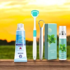 4 PIECES/SET Halitosis Bad Breath Removal, Tongue Cleaning Oral Hygiene Mint Gel Tongue Cleaner Tongue Brush Tongue Scraper, Mouth Odour Spray Remover, Dental Oral Mint Gel Solution, Reusable Stainless , Mouth Cleaner Scraper Brush And Tongue Oral Gel