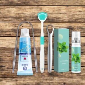 5 PIECES/SET Halitosis Bad Breath Removal, Tongue Cleaning Oral Hygiene Mint Gel Tongue Cleaner Tongue Brush Tongue Scraper, Mouth Odour Spray Remover, Dental Oral Mint Gel Solution, Reusable Stainless , Mouth Cleaner Scraper Brush And Tongue Oral Gel